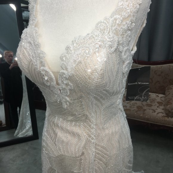 Kenneth Winston New BLING Wedding Dress, Light Gold, SEQUINS, Illusion Fit&Flare - Picture 9 of 13